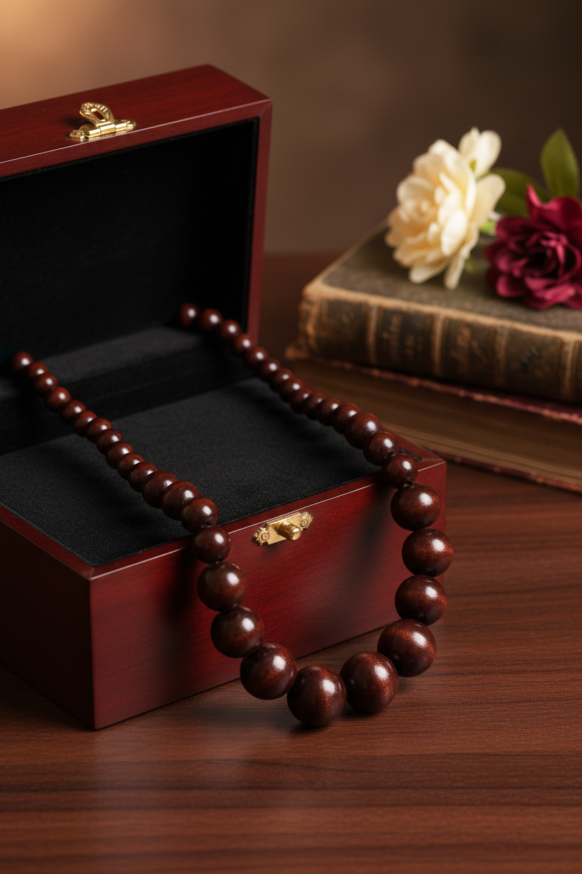 Gros collier long en bois marron